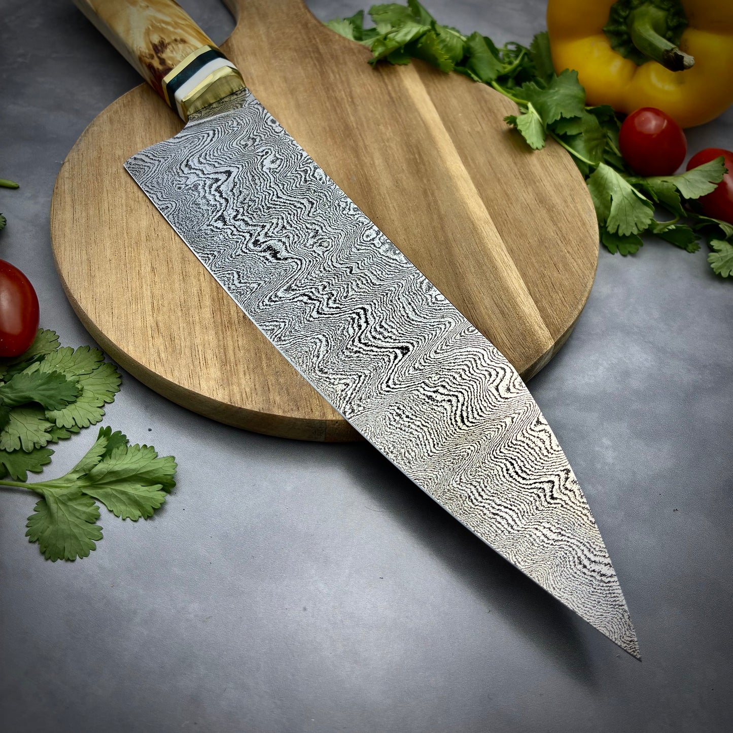 Damascus Japanese Bunka - Maple Burl & Mammoth Tusk
