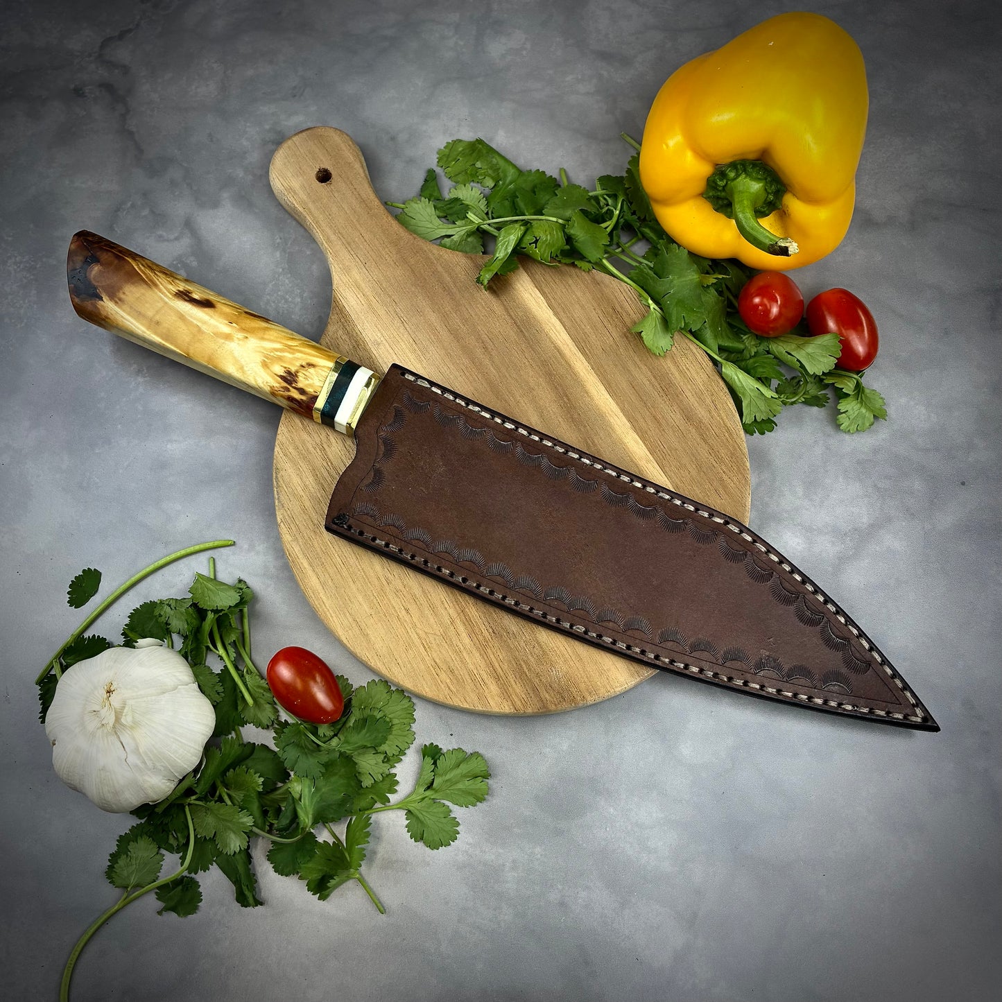 Damascus Japanese Bunka - Maple Burl & Mammoth Tusk