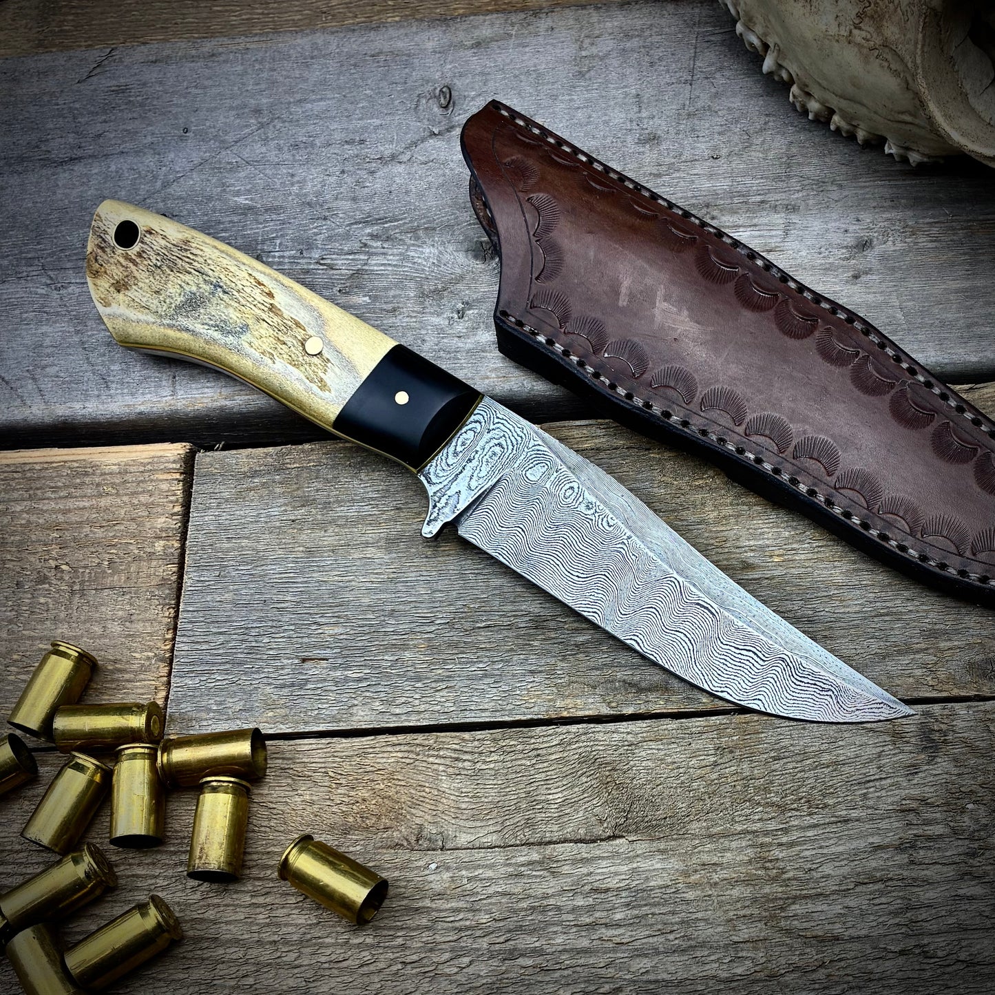 Damascus Hunter with Antler Handle