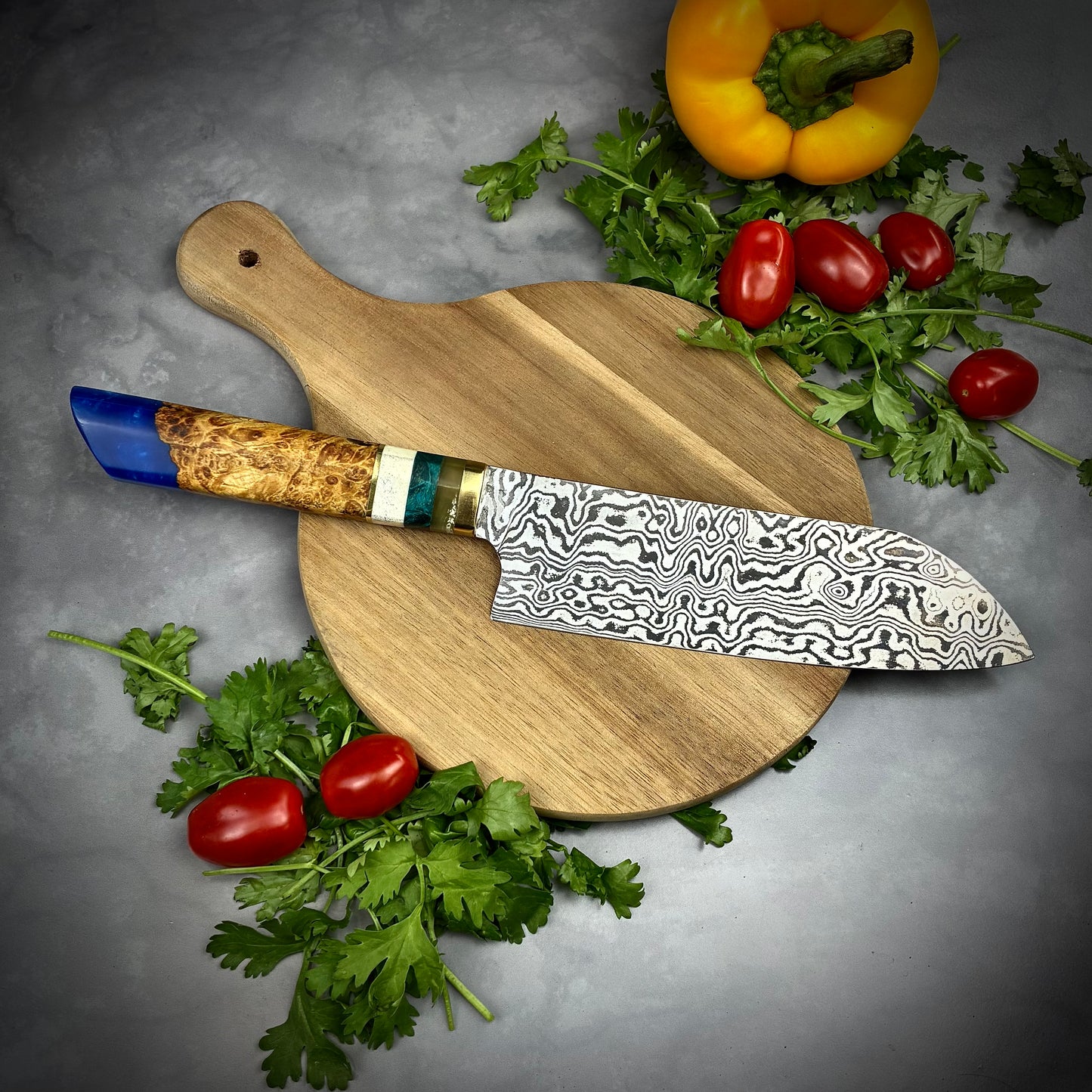 Japanese Santoku - Maple Burl Handle - Hand Forged Damascus Steel