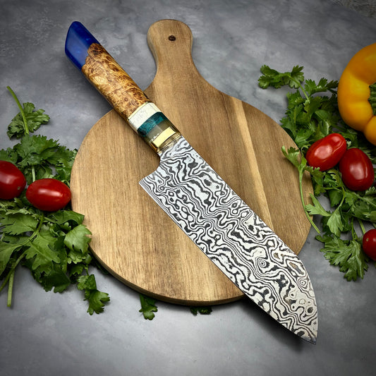 Japanese Santoku - Maple Burl Handle - Hand Forged Damascus Steel