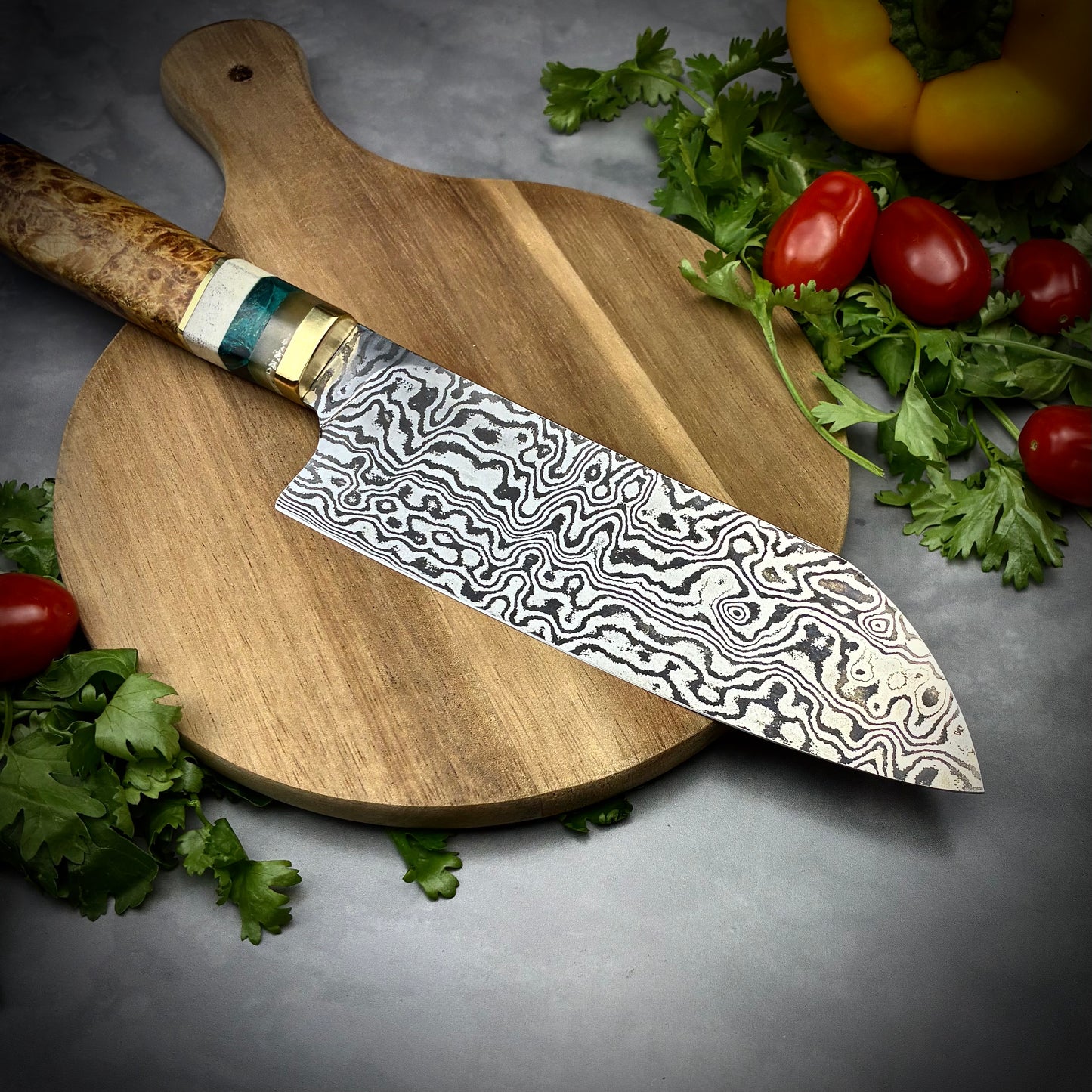Japanese Santoku - Maple Burl Handle - Hand Forged Damascus Steel