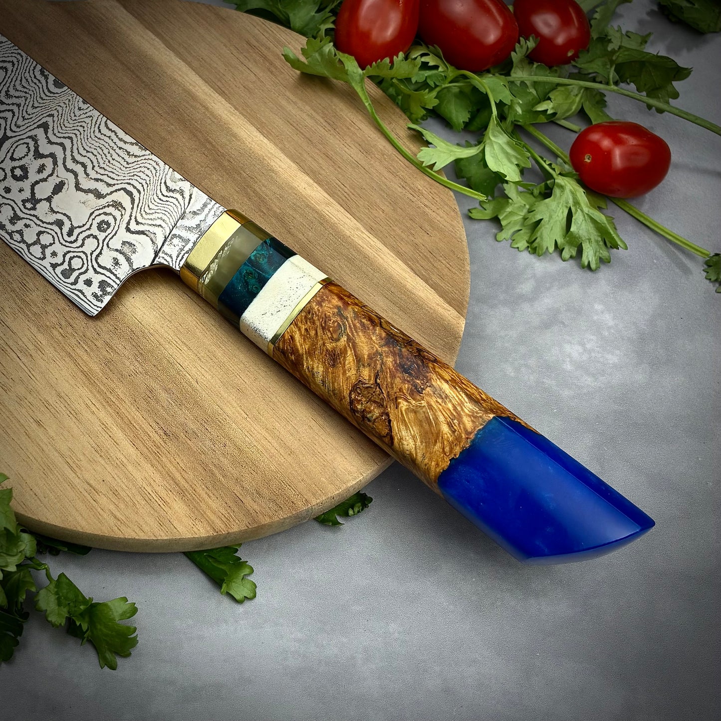 Japanese Santoku - Maple Burl Handle - Hand Forged Damascus Steel