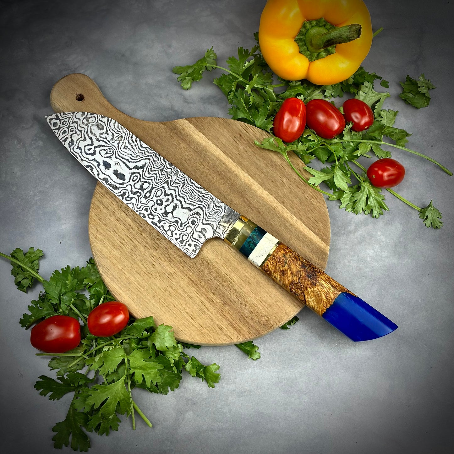 Japanese Santoku - Maple Burl Handle - Hand Forged Damascus Steel