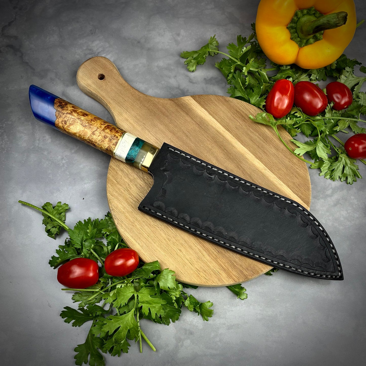 Japanese Santoku - Maple Burl Handle - Hand Forged Damascus Steel