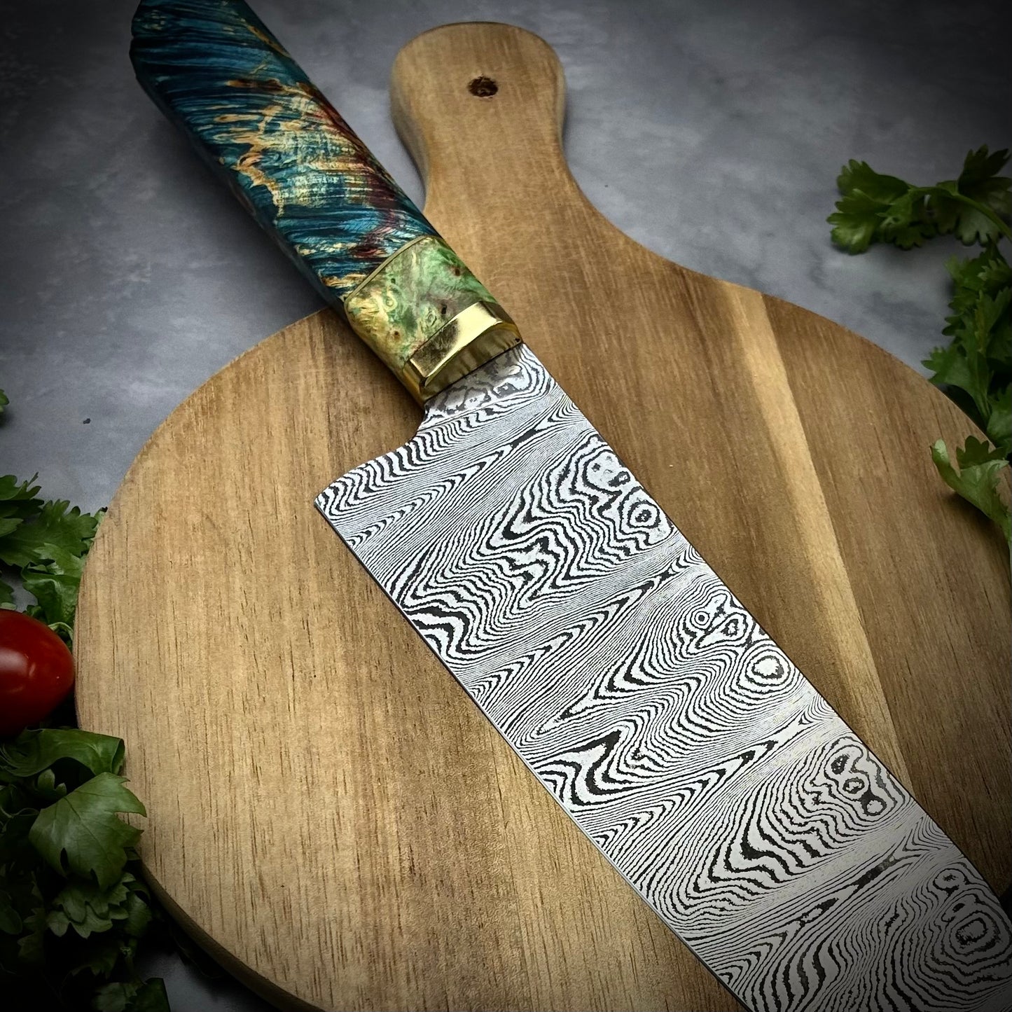Damascus Japanese Bunka - Live Edge Maple Burl Handle