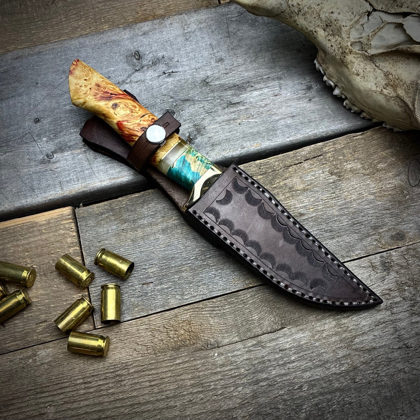 Damascus Hunter - Blue Maple Burl Handle