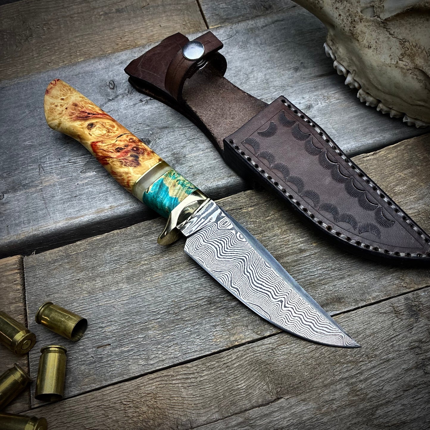 Damascus Hunter - Blue Maple Burl Handle