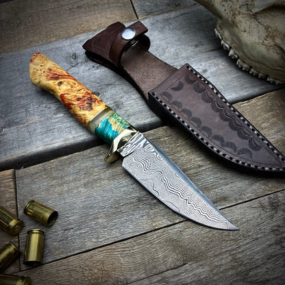 Damascus Hunter - Blue Maple Burl Handle