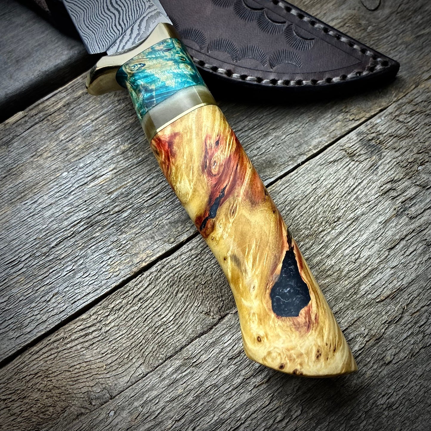 Damascus Hunter - Blue Maple Burl Handle