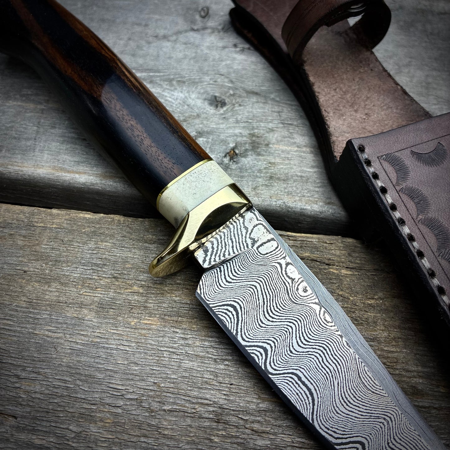 Damascus Hunter Makassar Ebony & Antler Handle