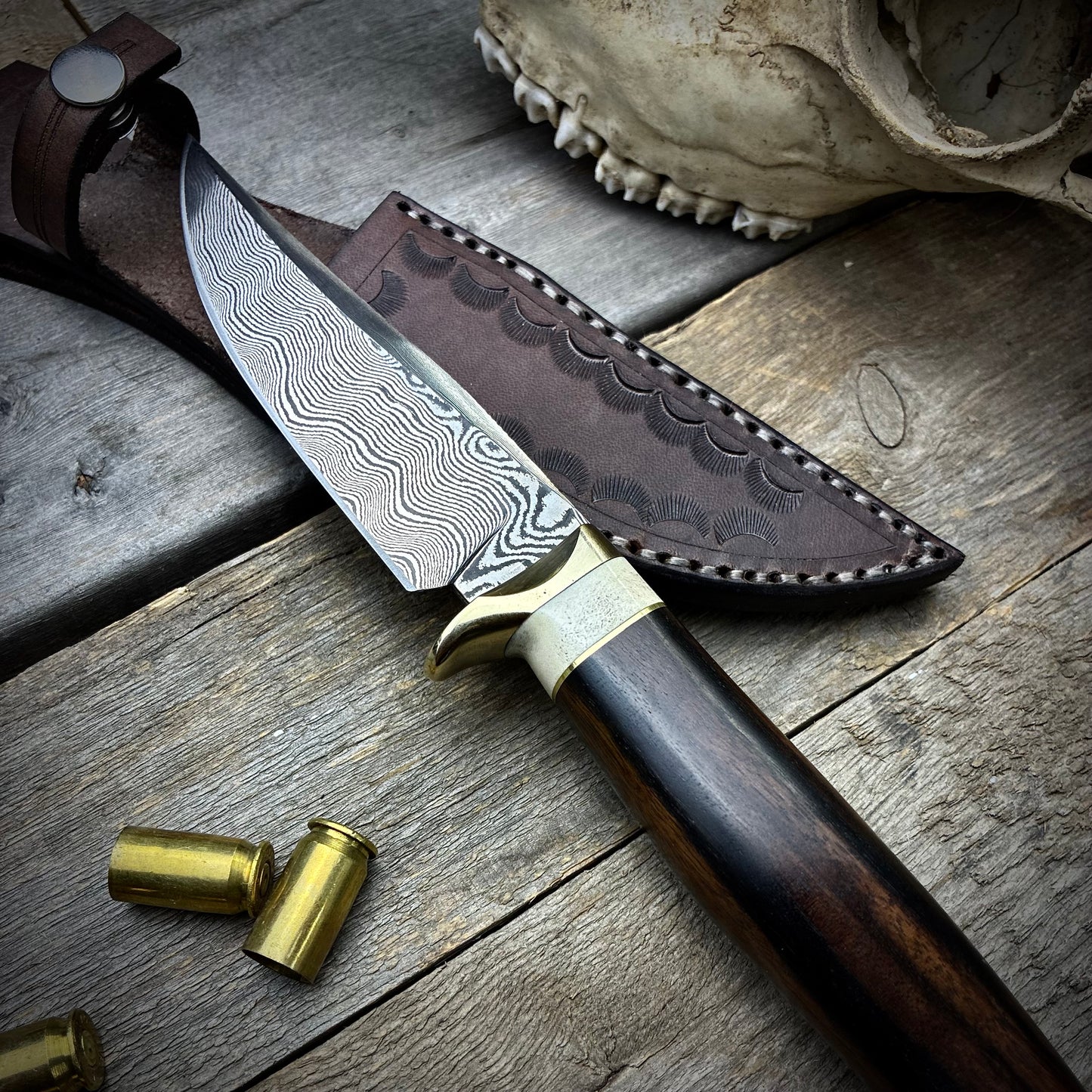 Damascus Hunter Makassar Ebony & Antler Handle