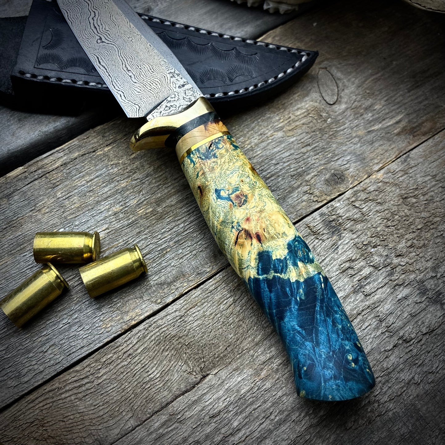 Damascus Hunter - Blue Maple Burl Handle